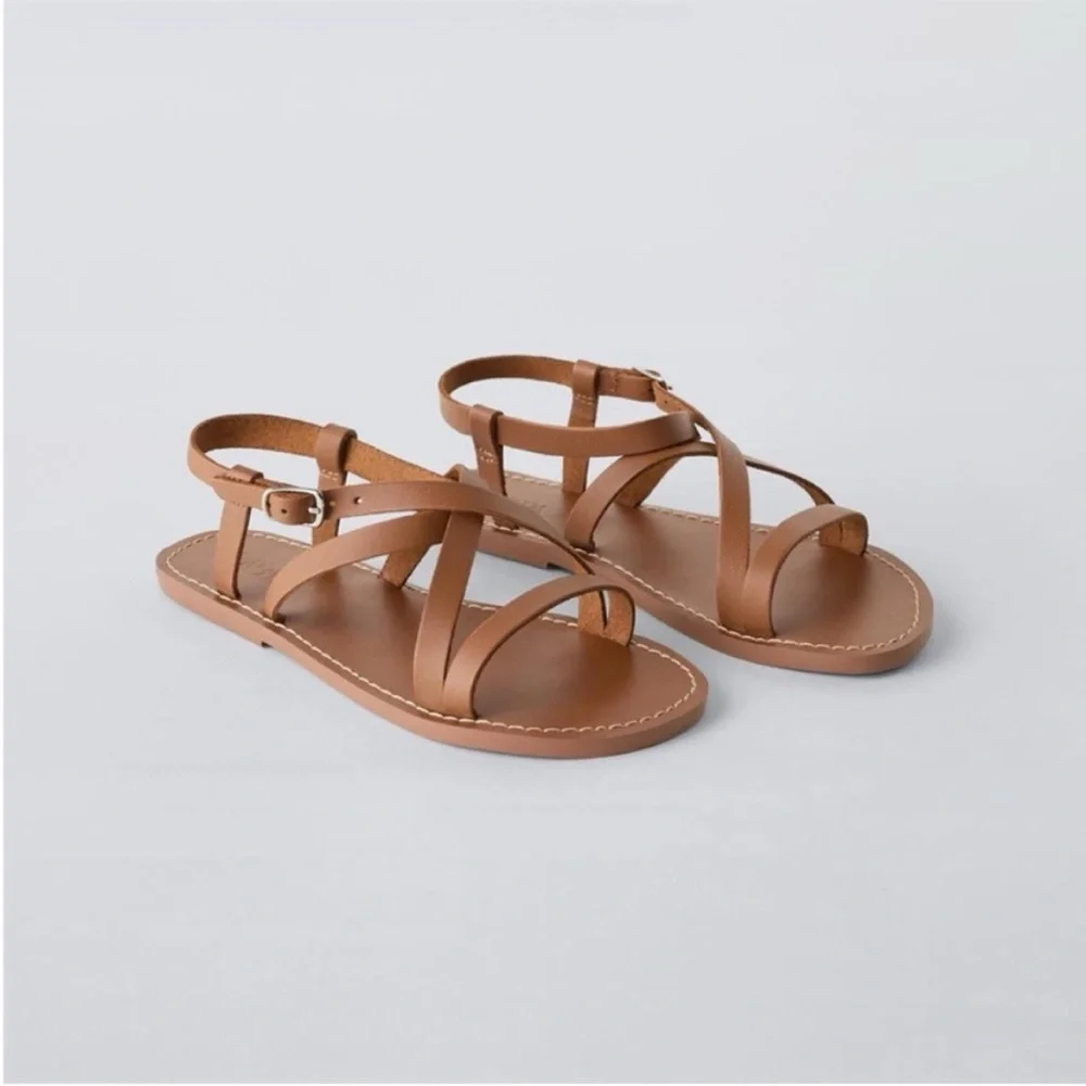 Zara Kids, Brown, LEATHER STRAPPY SANDALS, size 1 (8.0 inches)